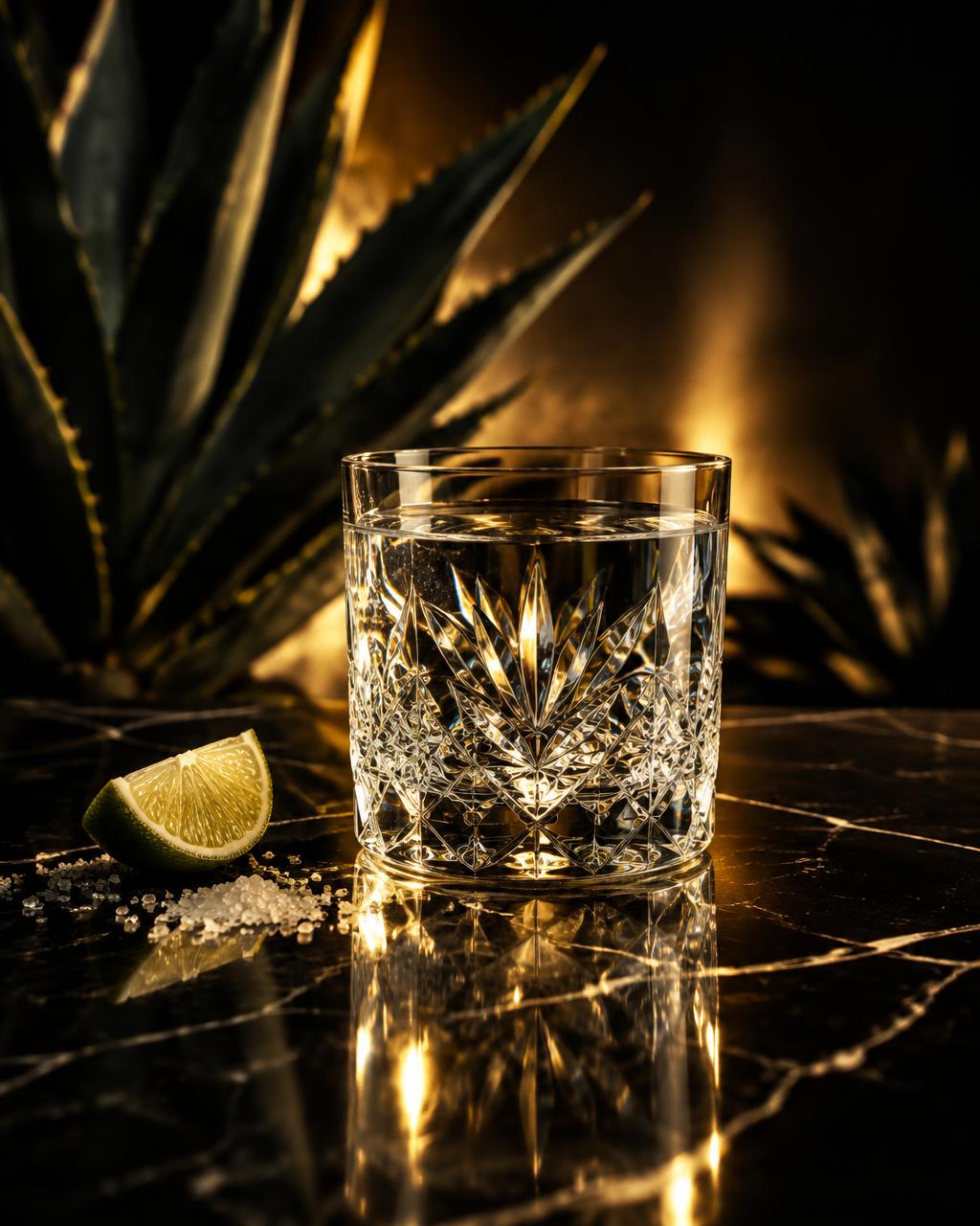 Crystal glass with TRUEHN Tequila, golden light on black marble